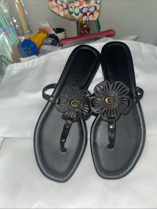 Coach Shoes - Coach Julia Leather Floral Thong Sandals with Gold C Accents